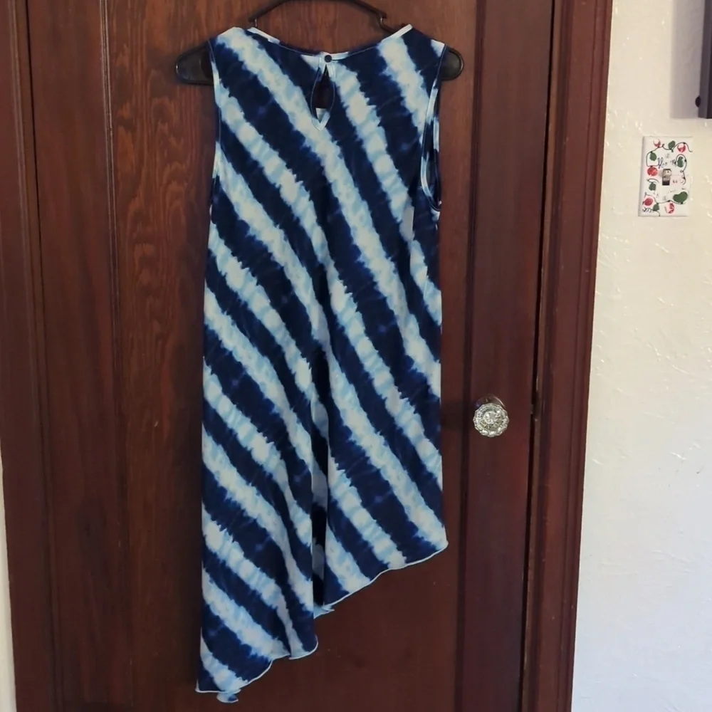 Soft Surroundings Sz M Asymmetric Hem Blue White Stripes Semi See Through Tunic